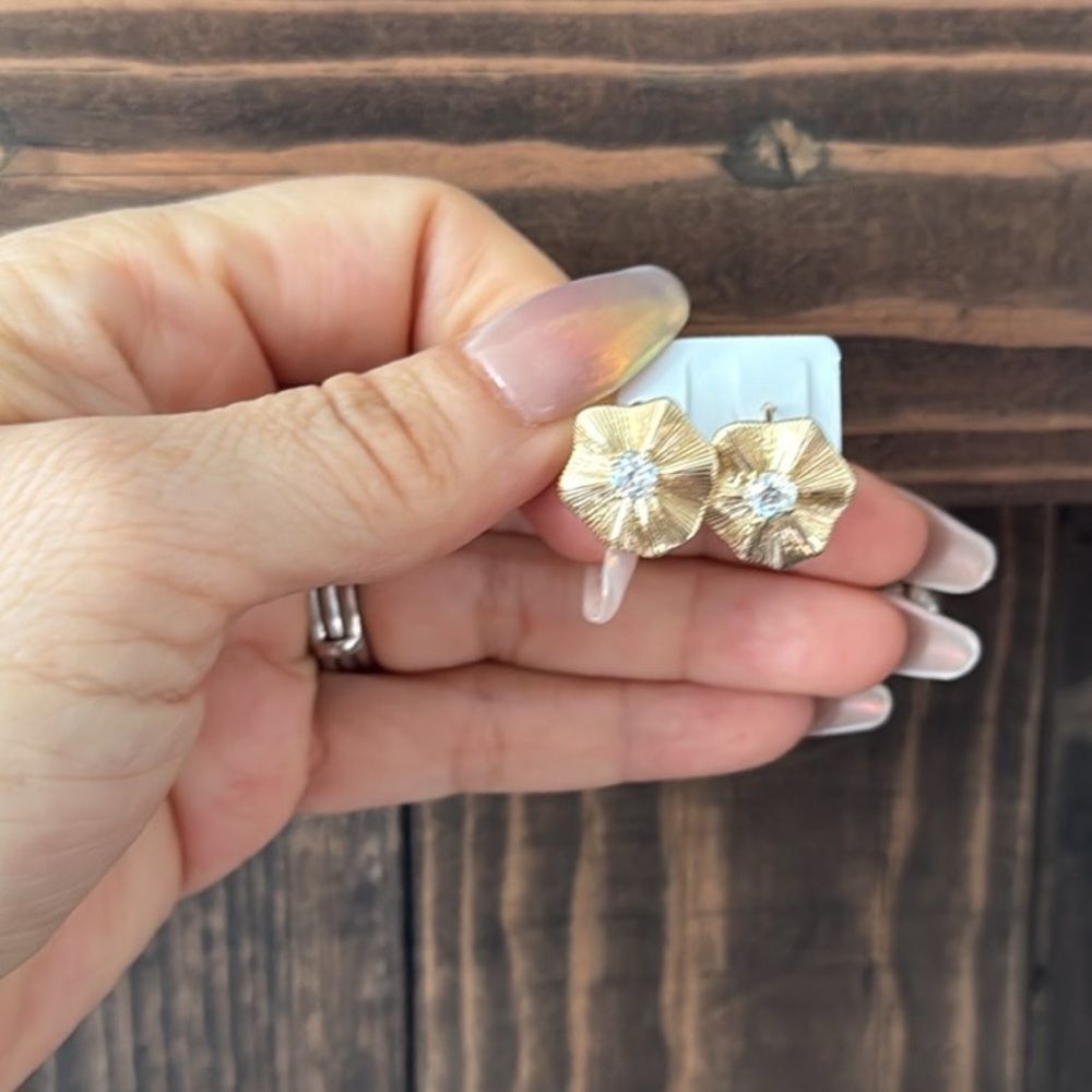 14K Gold Plated Floral Diamond Stud Earrings